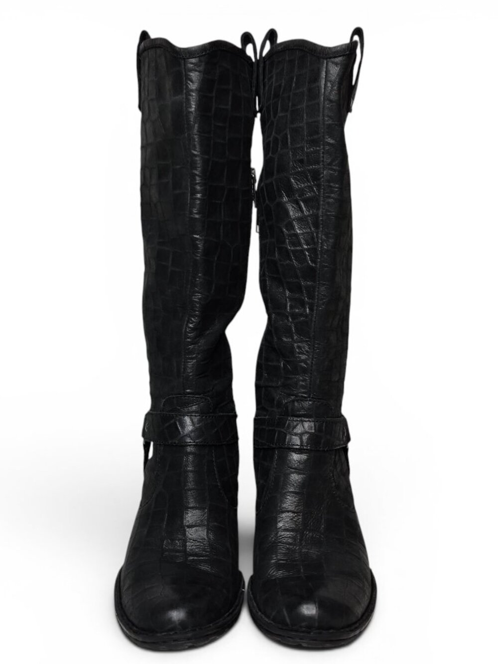 Born Distressed Croc Embossed Leather Harness Boots Womens Moto Block Heel 7 - Picture 2 of 14